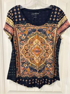 Lucky Brand Women’s Navy Persian Carpet Boho Print Graphic T-Shirt Size L